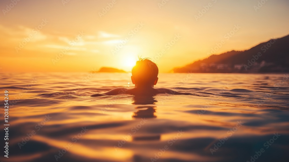 Silhouette of a person swimming in calm sea waters during vibrant orange sunset over mountainous coastline, evoking summer vacation and relaxation. Silhouette of a person swimming in calm sea waters during vibrant orange sunset over mountainous coastline, evoking summer vacation and relaxation.