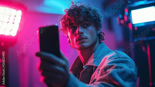 An intense portrait of a young man holding a phone, illuminated by vivid lights, capturing an emotional moment reflective of contemporary youth experiences. photo