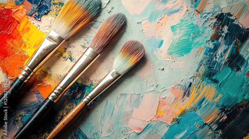 Obraz premium Artistic tools arrangement featuring paint brushes and vibrant color palette on textured canvas background