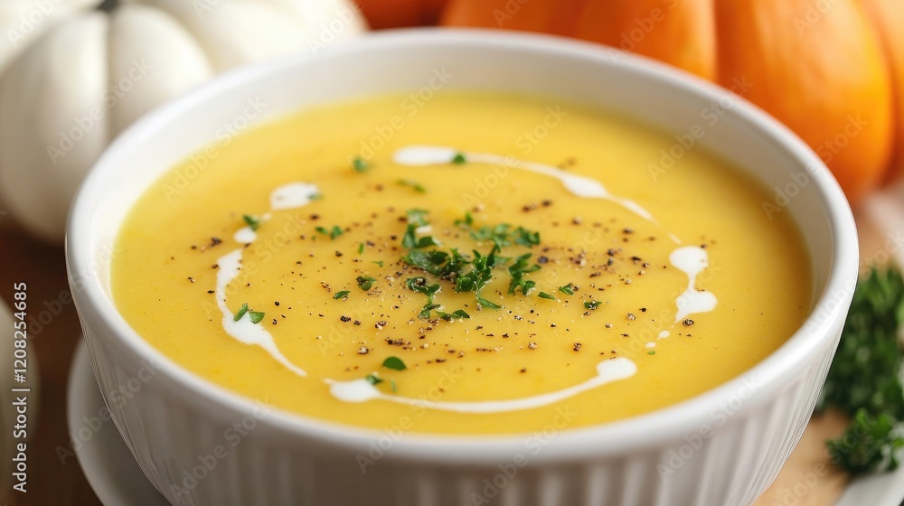 Bowl of creamy pumpkin soup garnished with parsley and olive oil surrounded by decorative pumpkins on a wooden surface Healthy eating theme Bowl of creamy pumpkin soup garnished with parsley and olive oil surrounded by decorative pumpkins on a wooden surface Healthy eating theme