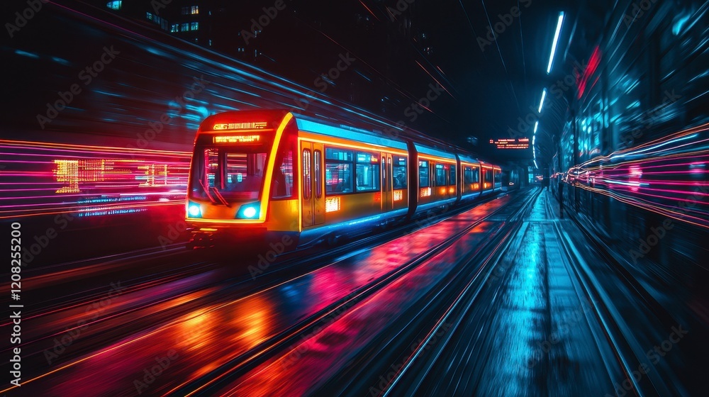 Night train speeding through neon-lit city tunnel. Night train speeding through neon-lit city tunnel.