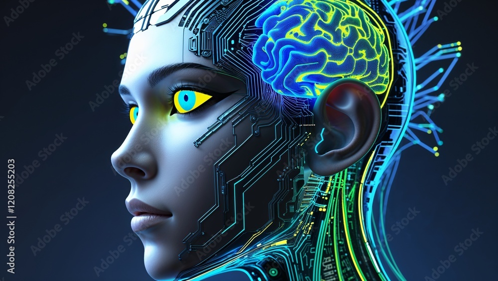 Obraz premium Side view of a humanoid head , representing futuristic technology and artificial intelligence.