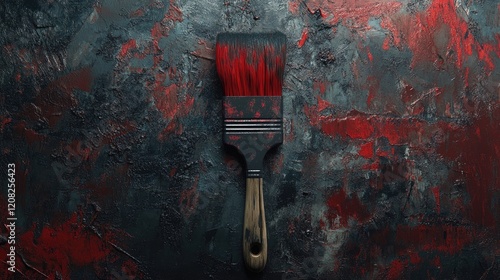 paint brush resting on textured red and black paint background creating a striking artistic contrast and inviting creative inspiration photo