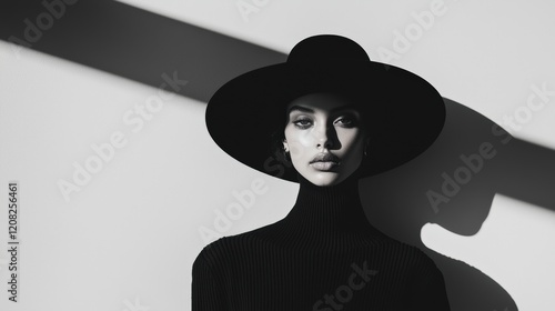 black and white portrait of a woman in black clothes on a monochrome background. Stylish woman dressed in black on a minimalistic background
