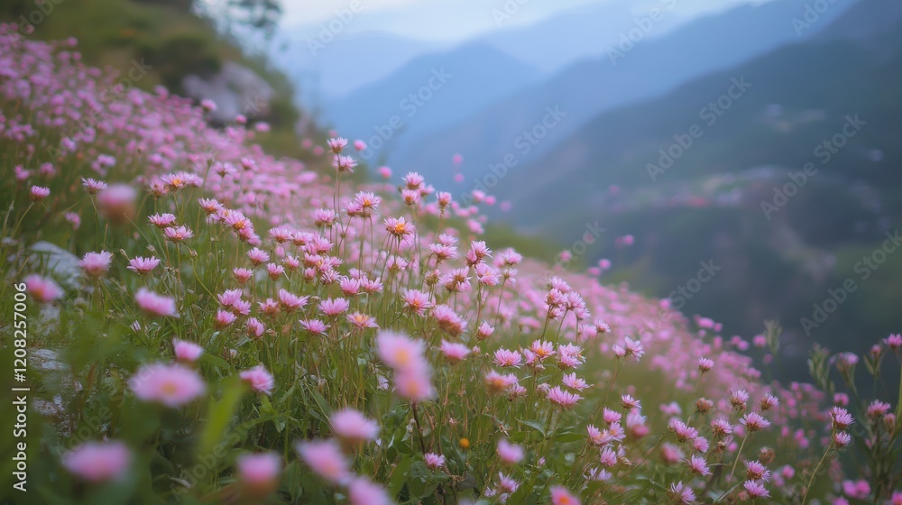 Vibrant pink wildflowers blooming in a picturesque mountain landscape during spring season. Vibrant pink wildflowers blooming in a picturesque mountain landscape during spring season.
