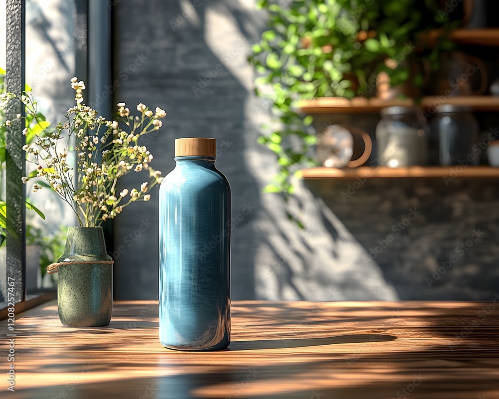Eco-Friendly Reusable Water Bottles on Wooden Table – Generative AI Eco-Friendly Reusable Water Bottles on Wooden Table – Generative AI