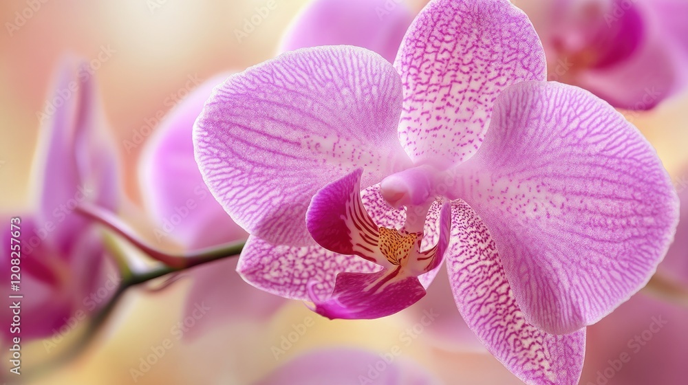 Delicate pink orchid flower with intricate patterns and soft petals on a blurred pastel background showcasing natural beauty and elegance Delicate pink orchid flower with intricate patterns and soft petals on a blurred pastel background showcasing natural beauty and elegance