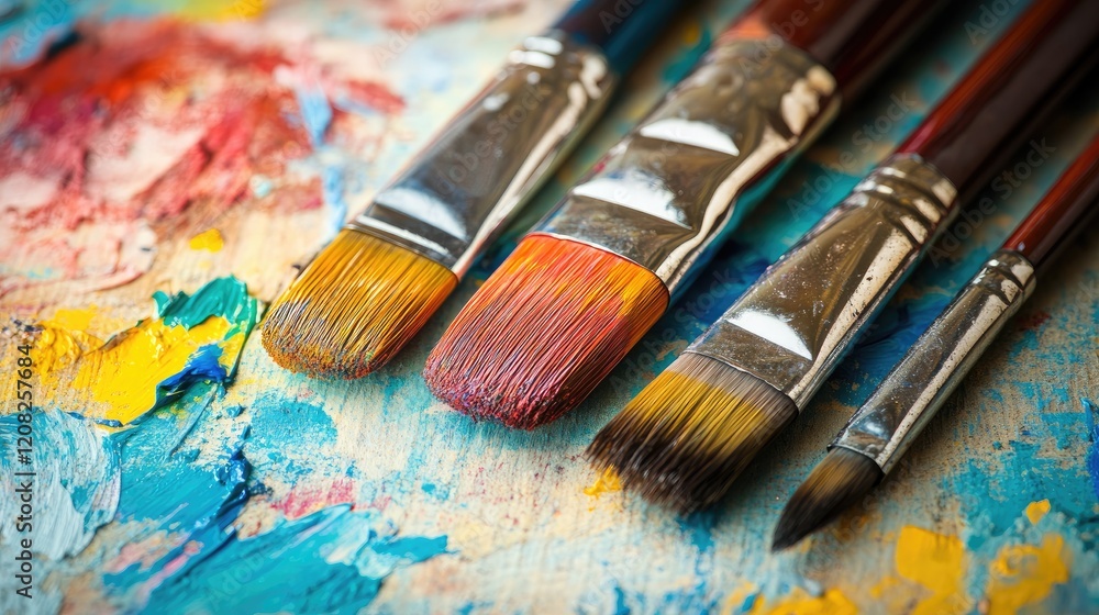 Fototapeta premium Paint brushes with vibrant colors on textured canvas background for artistic inspiration and creativity in painting and crafts