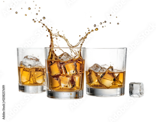 Glasses shot of tequila making toast with splash isolated on trasparent or white background, png photo