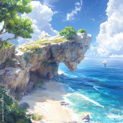 Tropical cliffs overlooking vibrant ocean scenic landscape lively paradise atmosphere