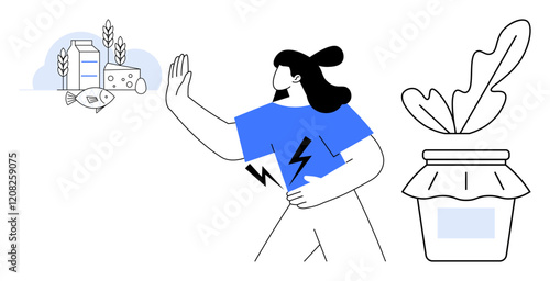 Woman holding stomach and raising hand towards dairy and fish, preferring a jar with a leaf. Ideal for food allergies, intolerances, dietary preferences, health awareness, lifestyle choices