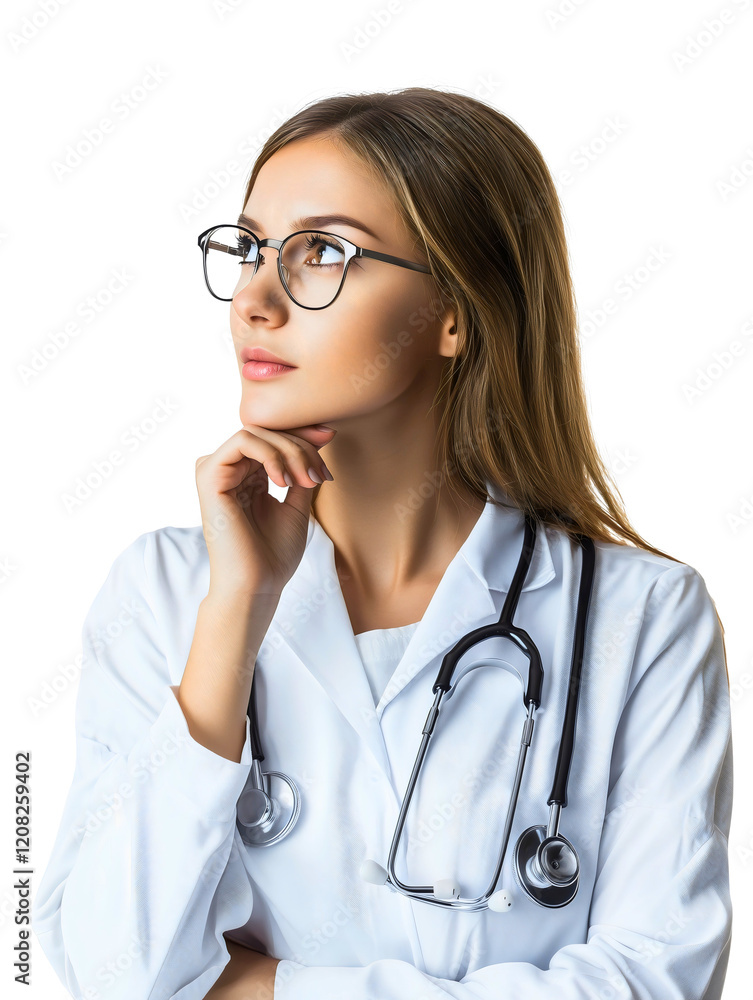 Portrait of a confident female doctor in a white coat and stethoscope, with a thoughtful expression, exuding professionalism and expertise in the healthcare field Portrait of a confident female doctor in a white coat and stethoscope, with a thoughtful expression, exuding professionalism and expertise in the healthcare field