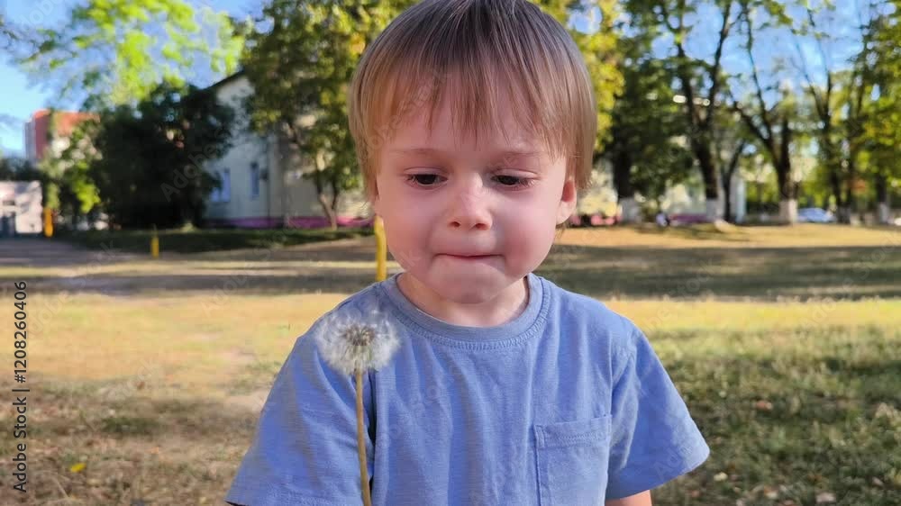 Happy child play dandelions in park. child smiling blowing dandelion in park. dream child. happy childhood, child freedom and safety Happy child play dandelions in park. child smiling blowing dandelion in park. dream child. happy childhood, child freedom and safety
