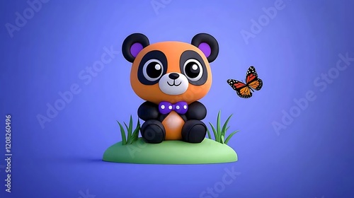 Cute cartoon panda wearing a bow tie sitting on grass with a butterfly. photo