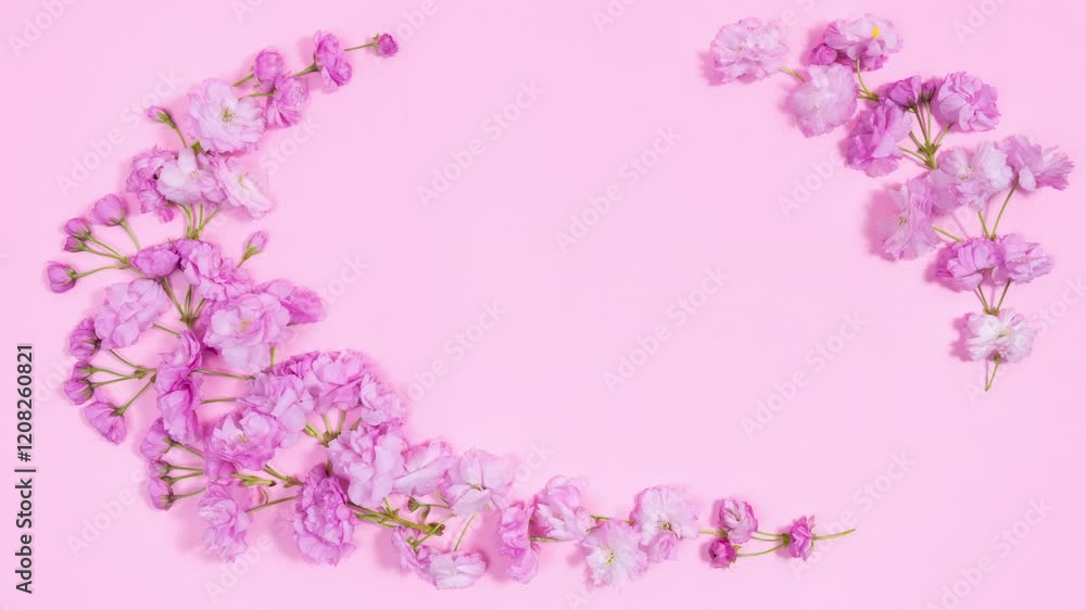 Oval frame of natural, delicate, pink sakura flowers. Pastel pink background. Beautiful frame with copy space in center. Greeting card template for Mother's Day, wedding, birthday or spring arrival. Oval frame of natural, delicate, pink sakura flowers. Pastel pink background. Beautiful frame with copy space in center. Greeting card template for Mother's Day, wedding, birthday or spring arrival.