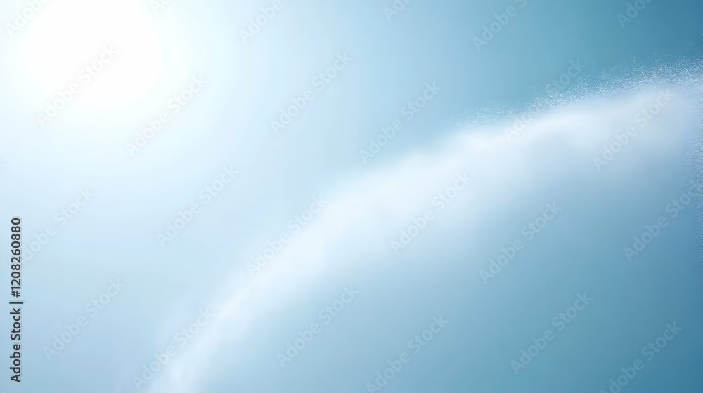 Mist spraying in gentle arcs against a plain light sky blue backdrop, brightly lit to emphasize clarity Mist spraying in gentle arcs against a plain light sky blue backdrop, brightly lit to emphasize clarity