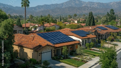 Wallpaper Mural Row of homes with solar panels on their terracotta roofs nestled in a mountain valley Torontodigital.ca