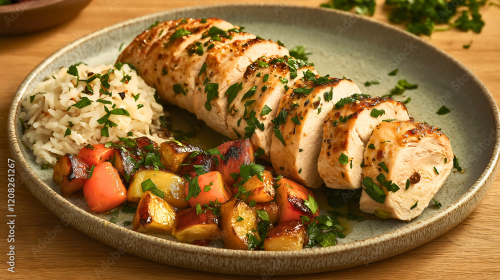 Grilled Chicken Sliced and Plated with Colorful Roasted Vegetables, Rice, and Fresh Herbs, Creating a Healthy, Wholesome, and Flavorful Meal with Beautiful Food Presentation Grilled Chicken Sliced and Plated with Colorful Roasted Vegetables, Rice, and Fresh Herbs, Creating a Healthy, Wholesome, and Flavorful Meal with Beautiful Food Presentation