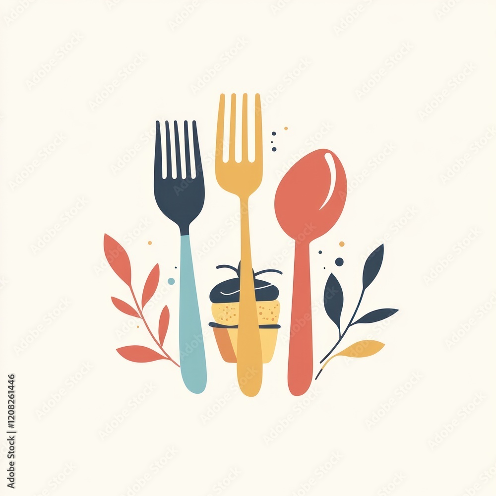 Three kitchen utensils arranged with plants, possibly for culinary themes Three kitchen utensils arranged with plants, possibly for culinary themes