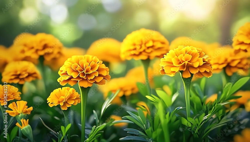 A field of vibrant yellow marigolds, their petals glistening under the warm sunlight, creating an enchanting and cheerful atmosphere A field of vibrant yellow marigolds, their petals glistening under the warm sunlight, creating an enchanting and cheerful atmosphere
