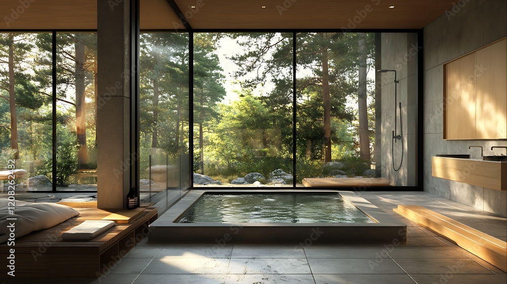 Luxury Bathroom with Forest View and Sunken Bath : Generative AI Luxury Bathroom with Forest View and Sunken Bath : Generative AI