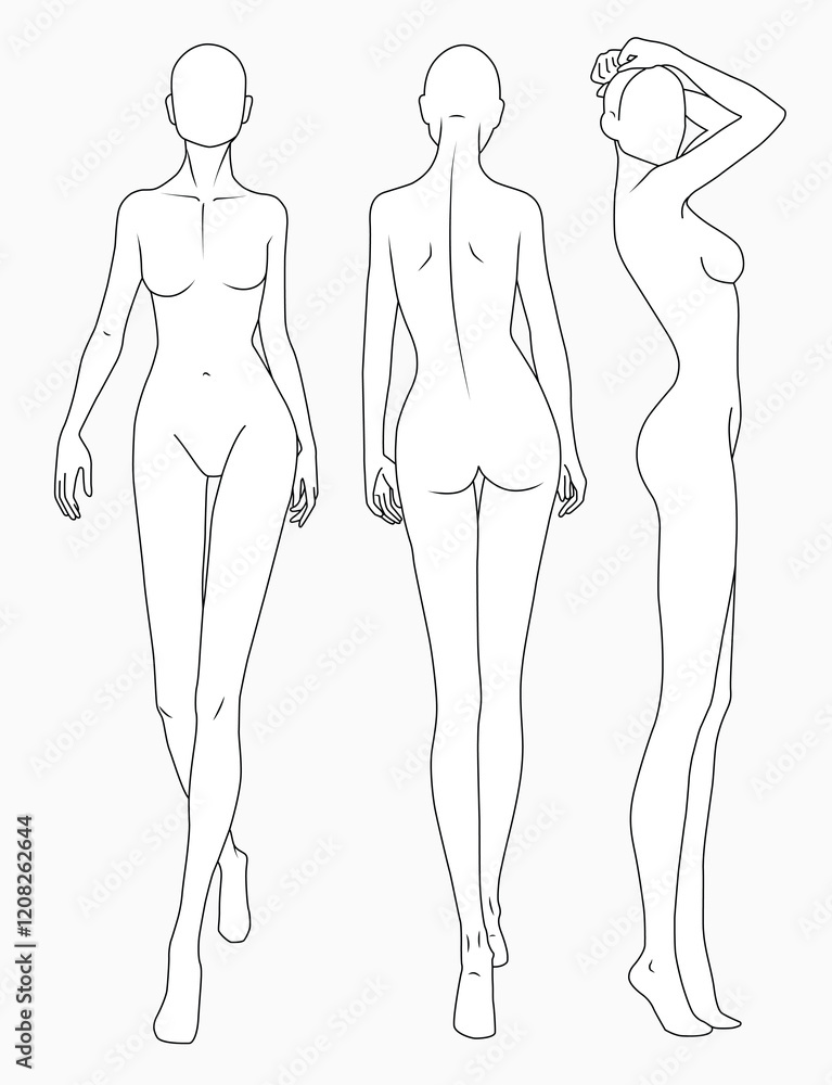 Women's fashion figures front, back and side view design technical flat drawing vector mockup template. Women's fashion figures front, back and side view design technical flat drawing vector mockup template.