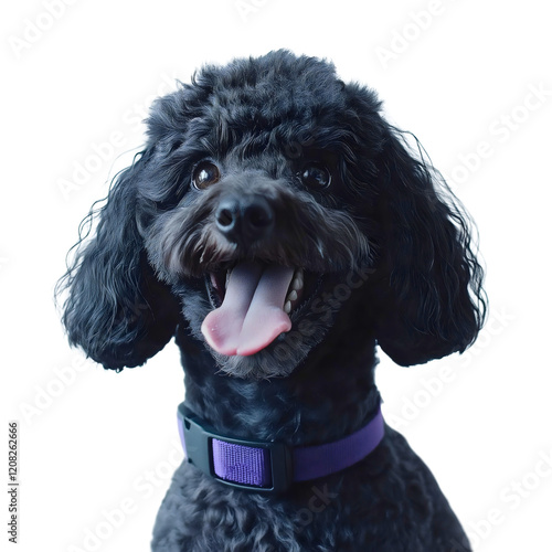 Smiling black poodle with a playful expression and tongue out portrait of a happy, fluffy dog with a collar capturing the joy and cuteness of a beloved canine companion in a close-up pet photography s photo