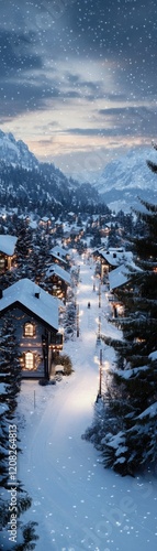 Wallpaper Mural A snowy mountain village with houses lit up at night Torontodigital.ca