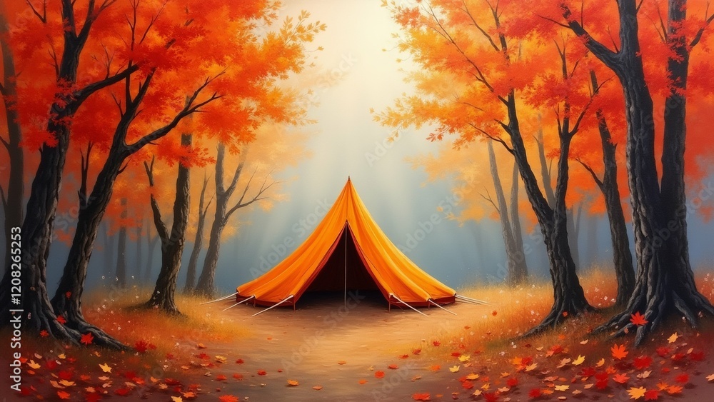 The image is a painting of a tent set up in the middle of a forest during autumn. The tent is orange in color and is surrounded by tall trees with orange leaves. The image is a painting of a tent set up in the middle of a forest during autumn. The tent is orange in color and is surrounded by tall trees with orange leaves.