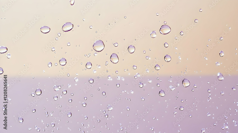Water spray droplets floating weightlessly in mid-air against a pastel lavender and beige backdrop, evenly lit Water spray droplets floating weightlessly in mid-air against a pastel lavender and beige backdrop, evenly lit