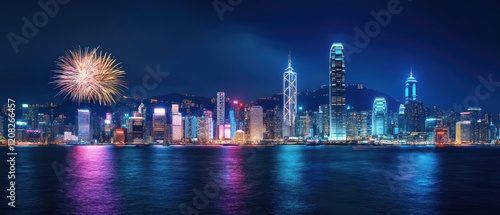 A city skyline with a large firework display in the background