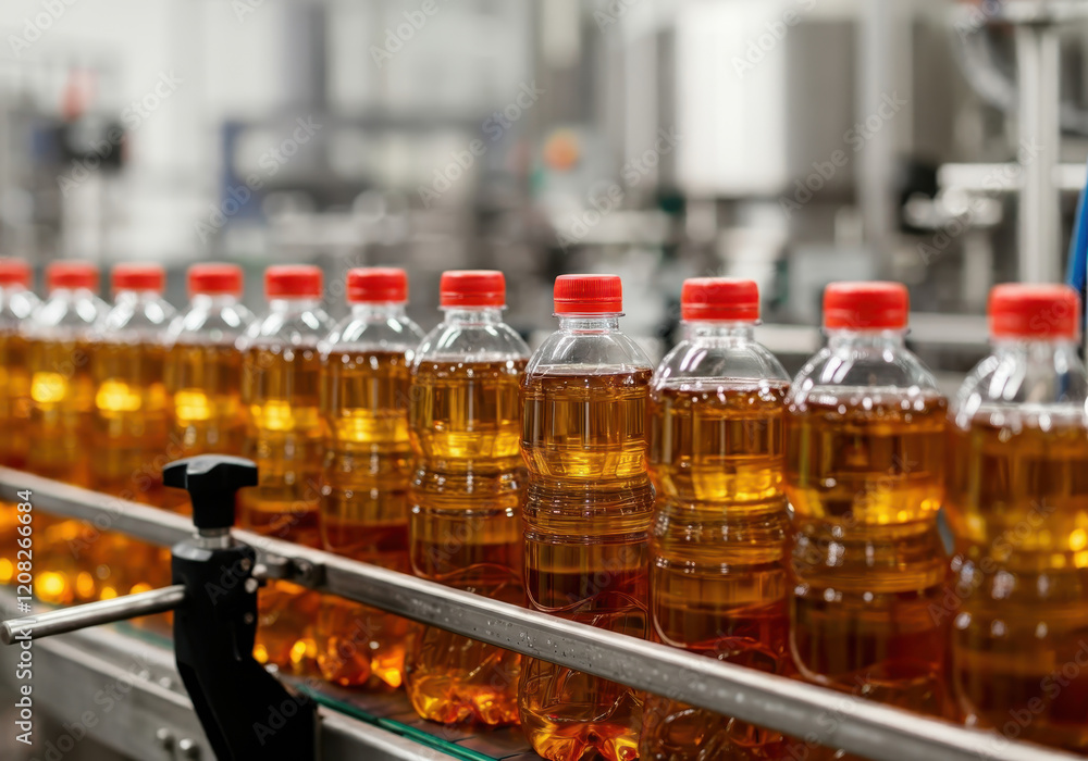 An assembly line in a beverage production factory featuring rows of clear plastic bottles filled with amber-colored liquid An assembly line in a beverage production factory featuring rows of clear plastic bottles filled with amber-colored liquid