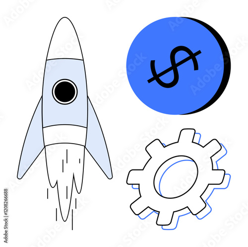 Rocket launching represents growth. Gear symbolizes innovation and development. Dollar sign signifies financial success. Ideal for business, entrepreneurship, technology, finance, investment