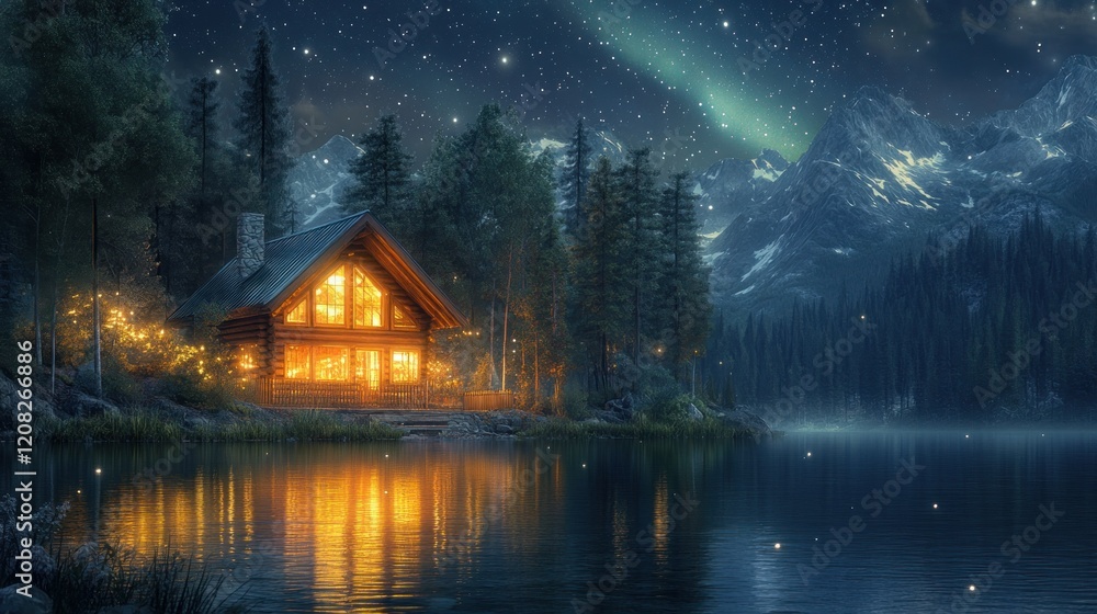Fototapeta premium Cozy cabin glows warmly by a serene lake under a breathtaking night sky
