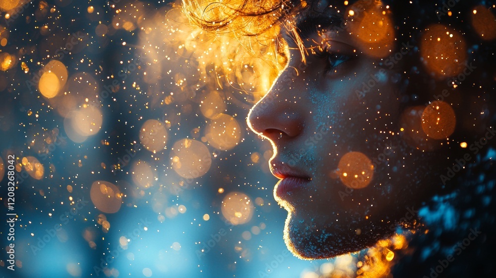 Dreamy silhouette with golden sparkles Dreamy silhouette with golden sparkles