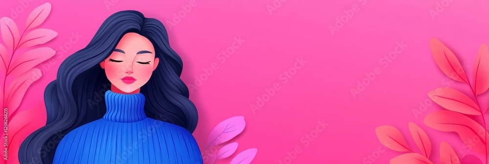 Serene Woman in Blue Sweater - A calm woman with long dark hair, wearing a blue turtleneck sweater, is depicted against a vibrant pink background with stylized leaves. Serene Woman in Blue Sweater - A calm woman with long dark hair, wearing a blue turtleneck sweater, is depicted against a vibrant pink background with stylized leaves.