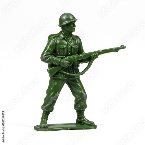 Vintage plastic toy soldier isolated design, retro military figurine collection, classic army miniature model with detailed uniform
