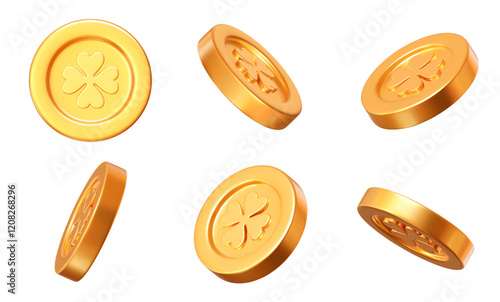 3d golden coins set with clover leaves pattern in different angles. St. Patrick's Day shiny element. Stock vector illustration on white isolated background.