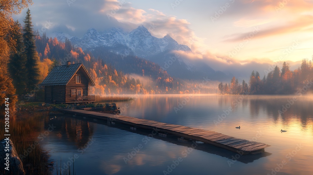 Fototapeta premium Rustic Lakeside Cabin with Autumn Foilage and Misty Mountain Views : Generative AI