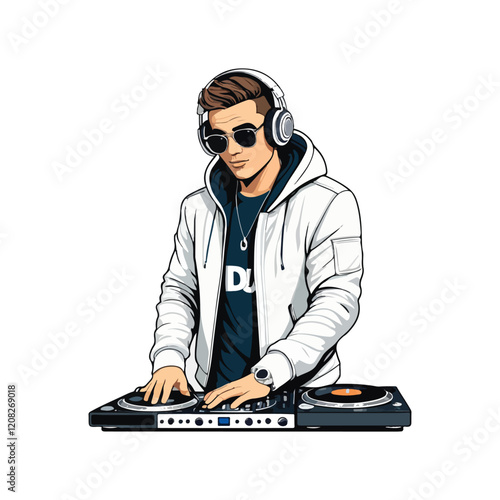 Cool DJ mixing music on turntables wearing headphones and sunglasses