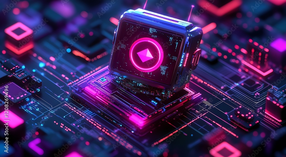 Futuristic Cyberpunk Aesthetic Glowing Circuit Chipset with Play Button Symbol : Generative AI Futuristic Cyberpunk Aesthetic Glowing Circuit Chipset with Play Button Symbol : Generative AI