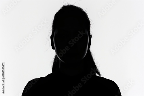 Silhouette of a woman with hidden facial features against a white background