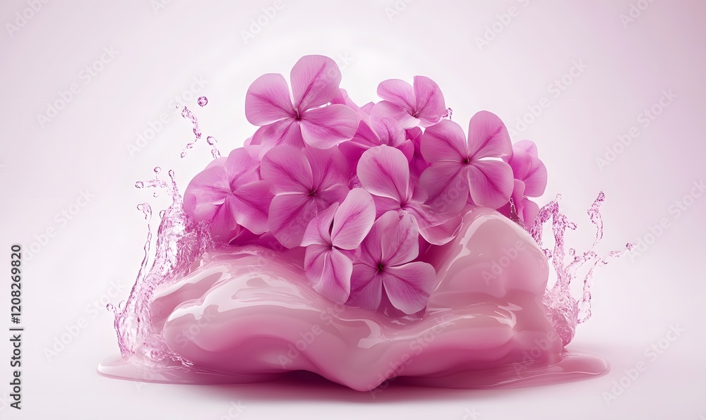 Pink flowers in creamy splash, soft background, cosmetic ad Pink flowers in creamy splash, soft background, cosmetic ad