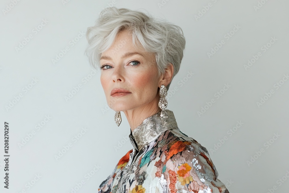Elegant mature fashion with floral patterns and statement jewelry Elegant mature fashion with floral patterns and statement jewelry