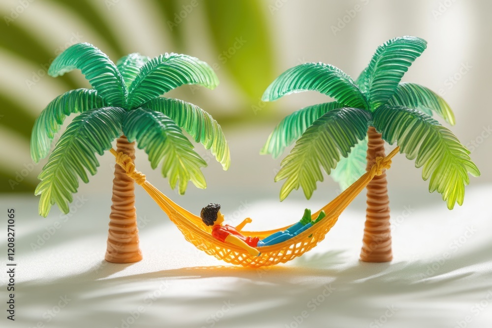 Naklejka premium Miniature person relaxing in a hammock between two toy palm trees, idyllic summer scene.