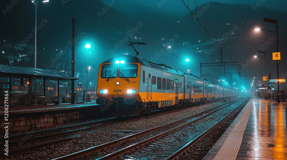 Fototapeta premium Night Train Station in the Mist