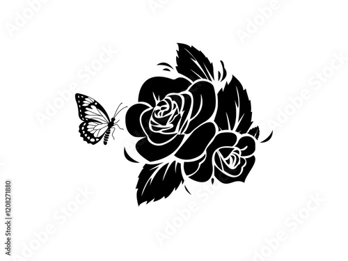 Ross Flowers vector art illustration.   roses isolated on white transparent background. a Ros vetch leaves vector silhouette artwork illustration.