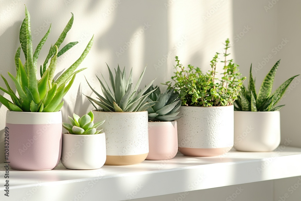 Decorative succulent and cactus plants in pastel pots for modern home decor