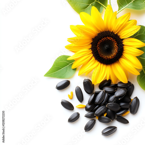 A vibrant sunflower with lush green leaves and scattered black seeds, symbolizing beauty and nature's bounty. photo