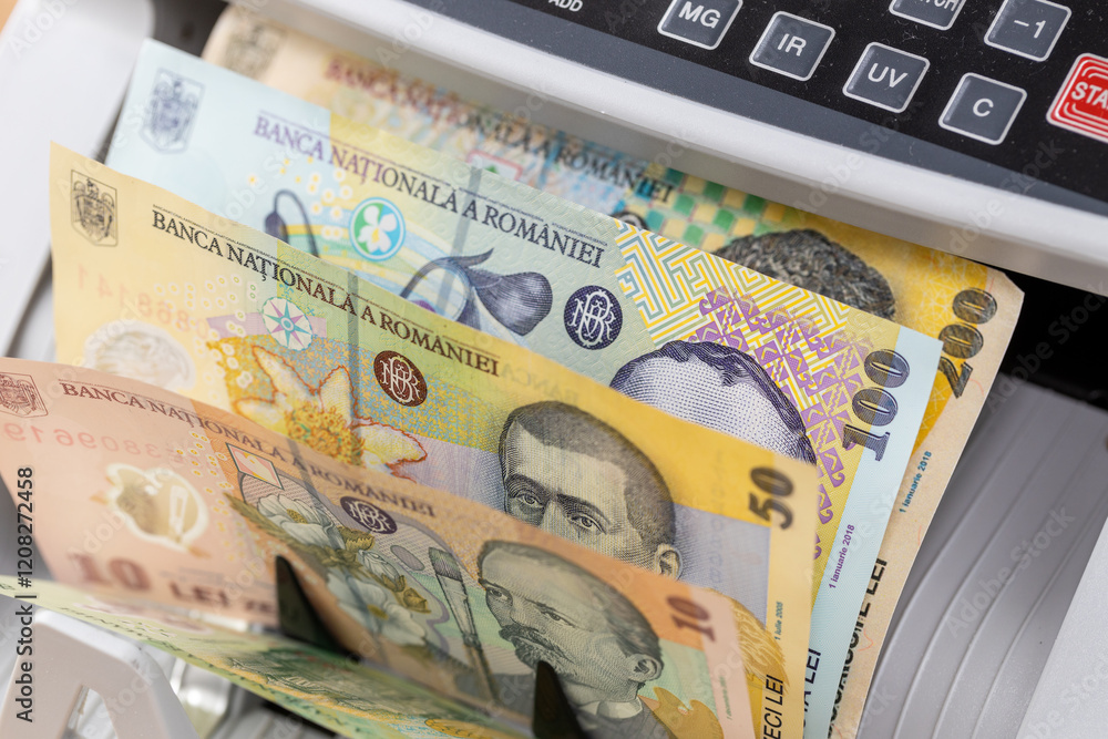 Romania money. Romanian banknotes in money counter. Business and financial concept